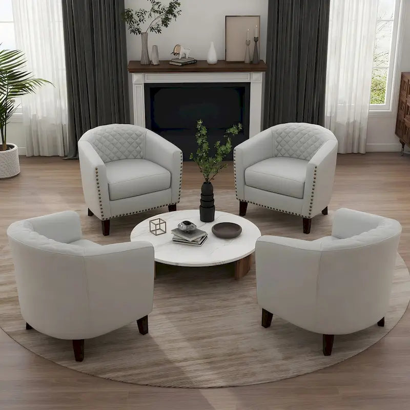 Set of 4 Modern Faux Leather Barrel Accent Chairs with Wood Legs