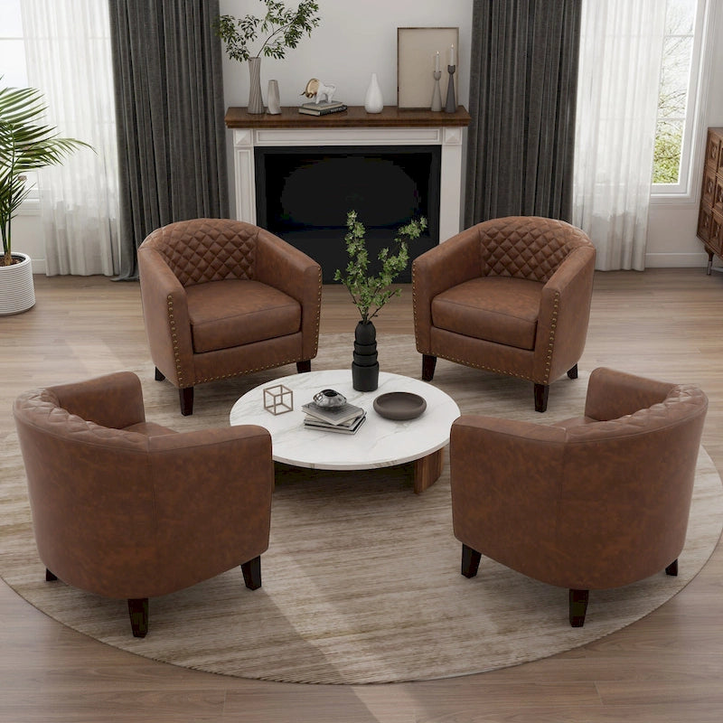 Set of 4 Modern Faux Leather Barrel Accent Chairs with Wood Legs
