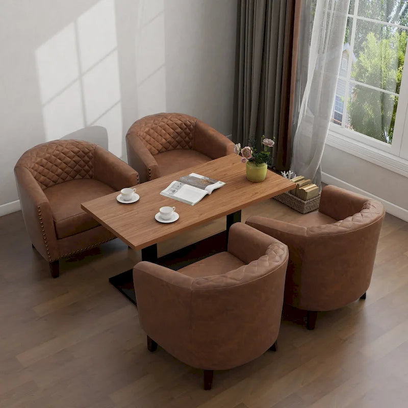 Set of 4 Modern Faux Leather Barrel Accent Chairs with Wood Legs