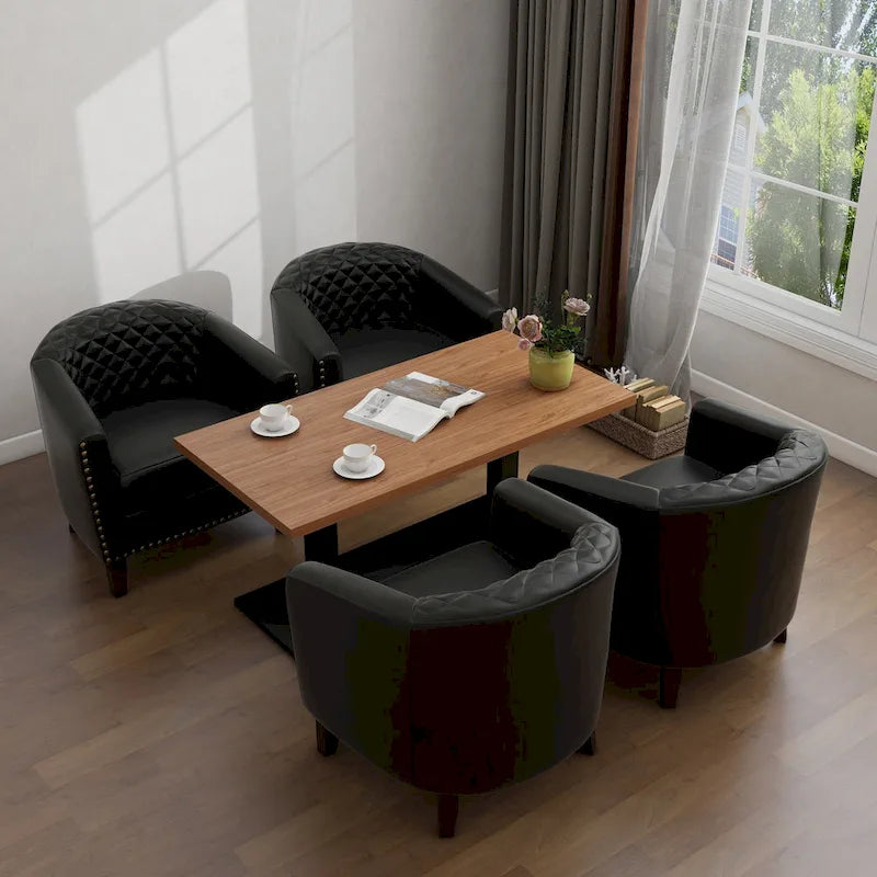 Set of 4 Modern Faux Leather Barrel Accent Chairs with Wood Legs