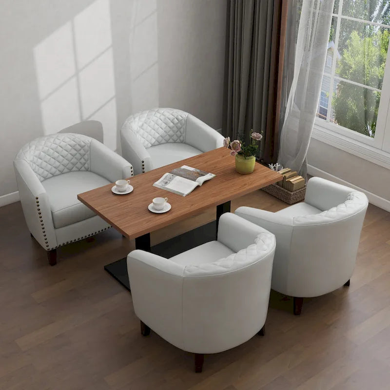 Set of 4 Modern Faux Leather Barrel Accent Chairs with Wood Legs