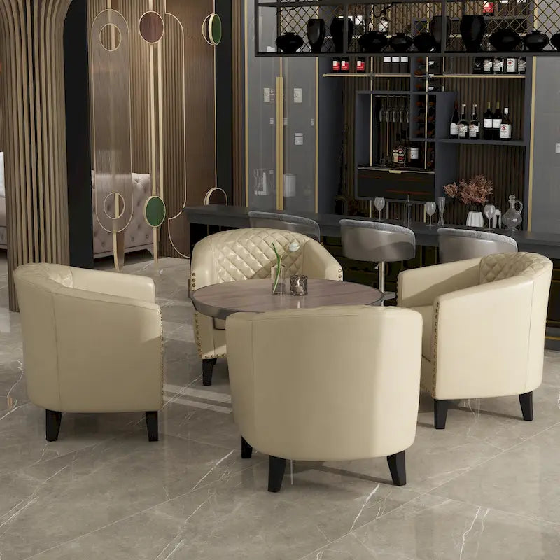 Set of 4 Modern Faux Leather Barrel Accent Chairs with Wood Legs