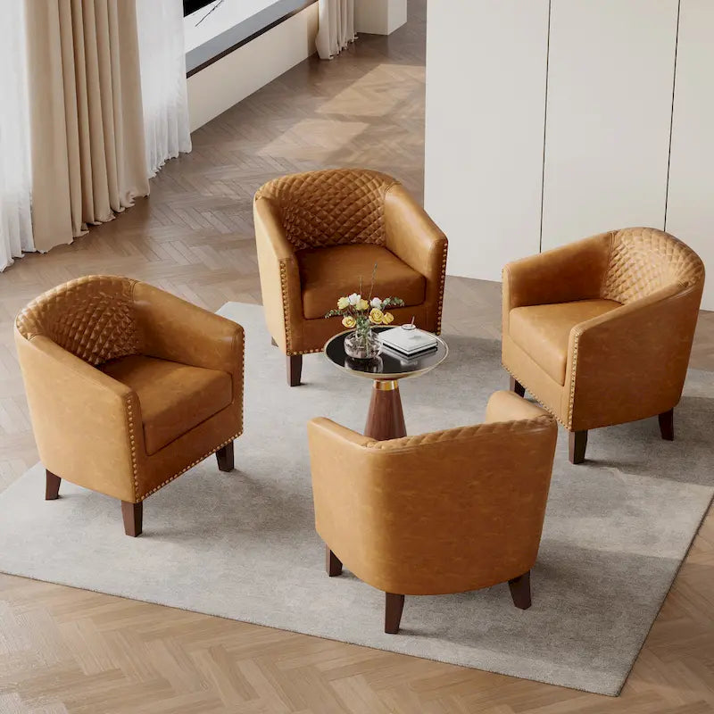 Set of 4 Modern Faux Leather Barrel Accent Chairs with Wood Legs