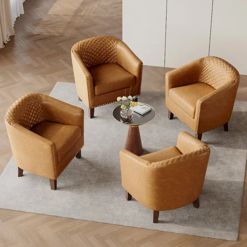 Set of 4 Modern Faux Leather Barrel Accent Chairs with Wood Legs