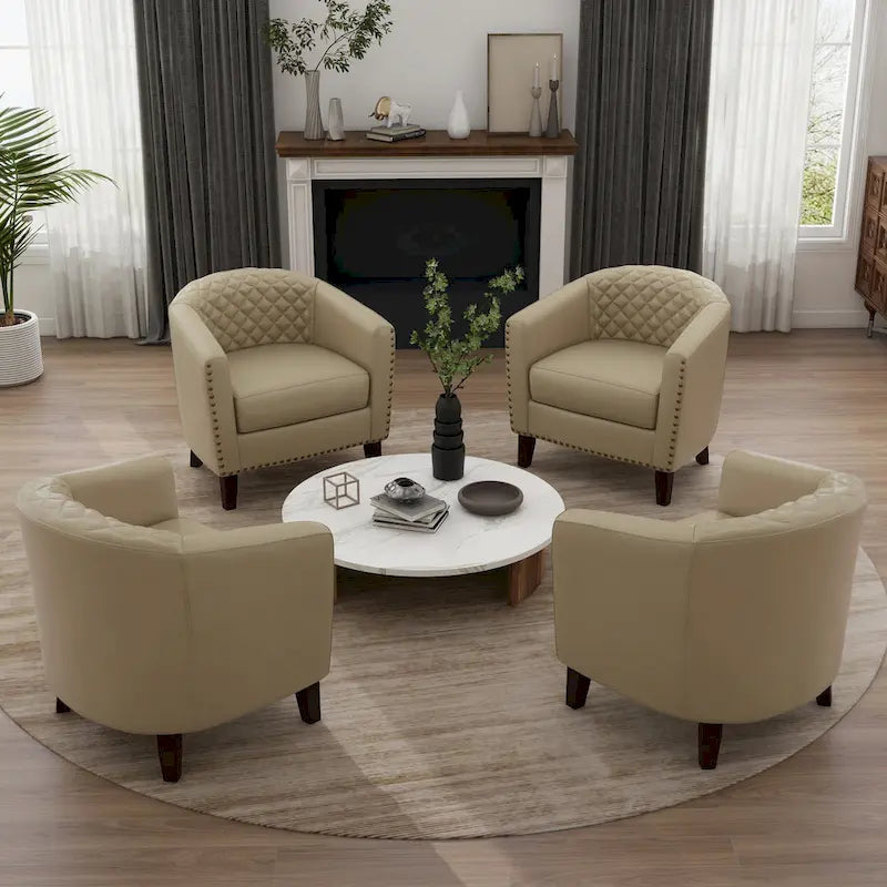 Set of 4 Modern Faux Leather Barrel Accent Chairs with Wood Legs