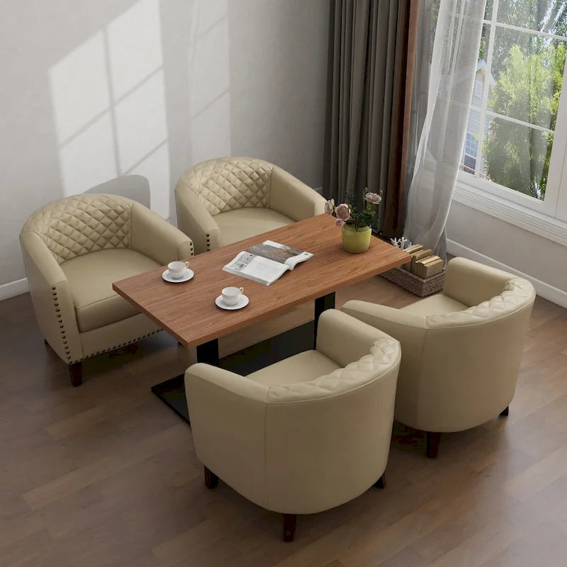 Set of 4 Modern Faux Leather Barrel Accent Chairs with Wood Legs