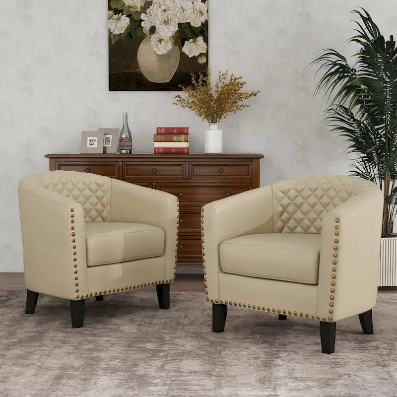 Set of 4 Modern Faux Leather Barrel Accent Chairs with Wood Legs