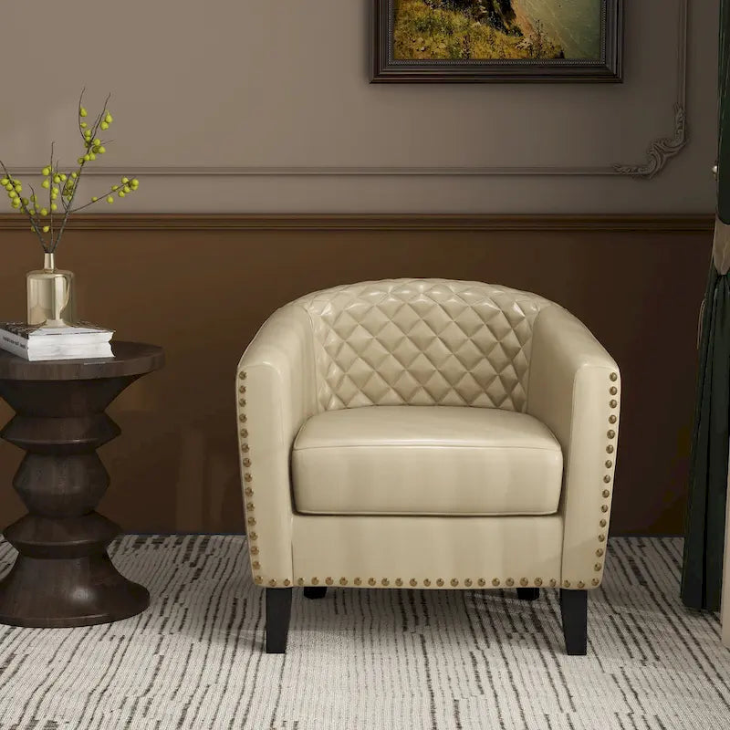 Set of 4 Modern Faux Leather Barrel Accent Chairs with Wood Legs