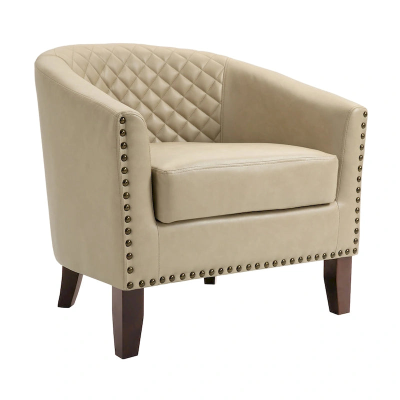 Set of 4 Modern Faux Leather Barrel Accent Chairs with Wood Legs