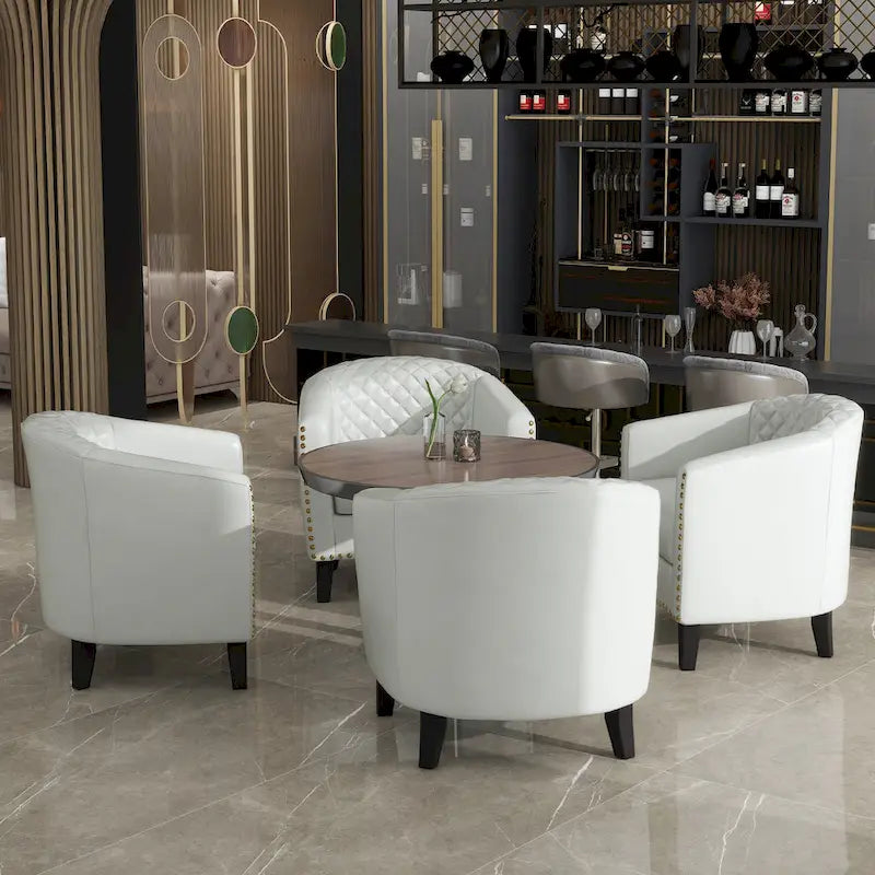 Set of 4 Modern Faux Leather Barrel Accent Chairs with Wood Legs
