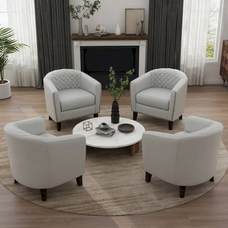 Set of 4 Modern Faux Leather Barrel Accent Chairs with Wood Legs