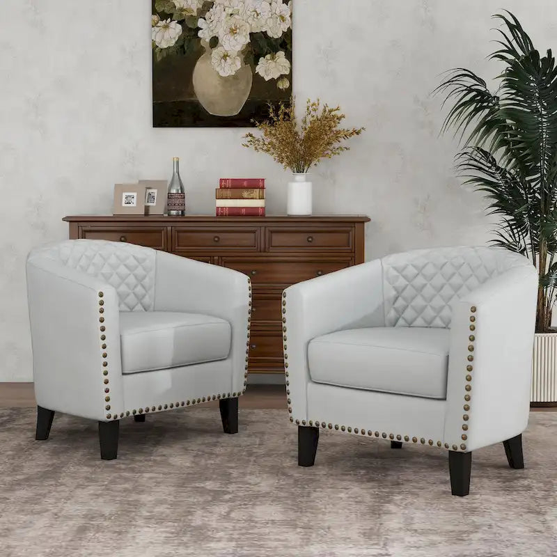 Set of 4 Modern Faux Leather Barrel Accent Chairs with Wood Legs
