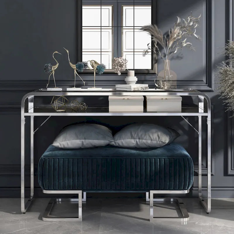 Mesa consola contemporánea para sofá, de 46 pulgadas, con cubierta de vidrio y un estante