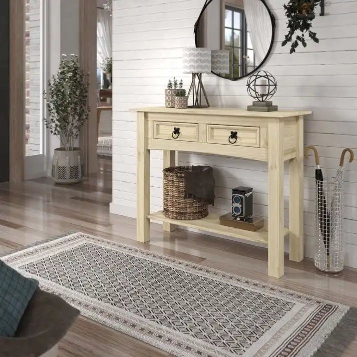 Rustic Solid Pine Wood Hall Console Table with Two Drawers