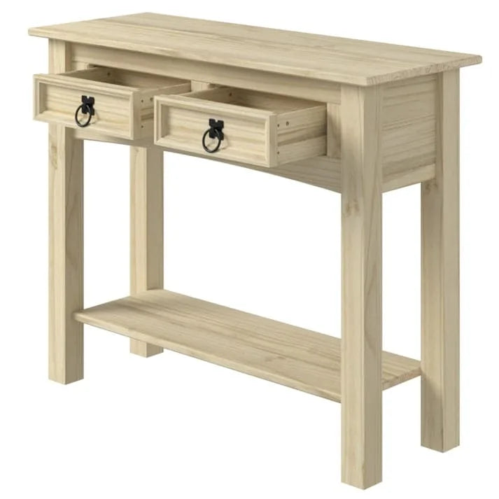 Rustic Solid Pine Wood Hall Console Table with Two Drawers