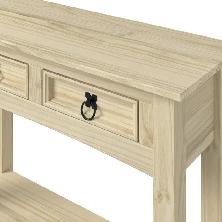Rustic Solid Pine Wood Hall Console Table with Two Drawers