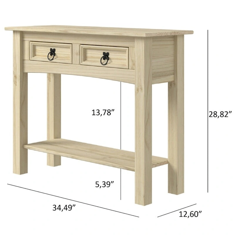 Rustic Solid Pine Wood Hall Console Table with Two Drawers