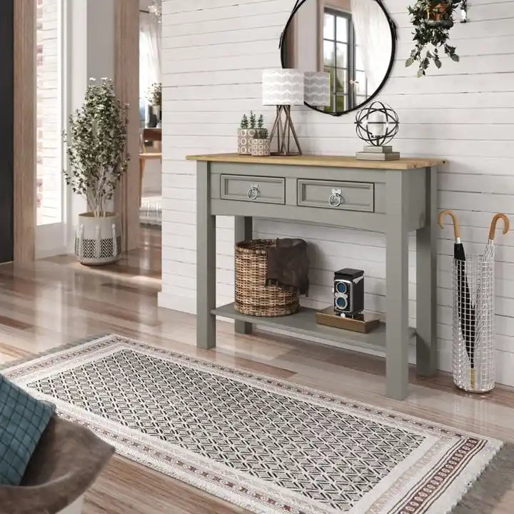 Rustic Solid Pine Wood Hall Console Table with Two Drawers