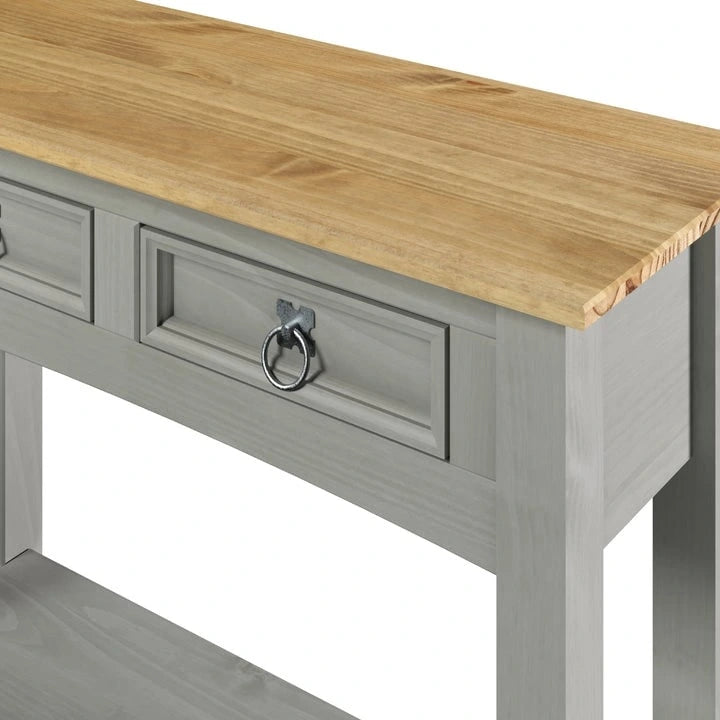 Rustic Solid Pine Wood Hall Console Table with Two Drawers
