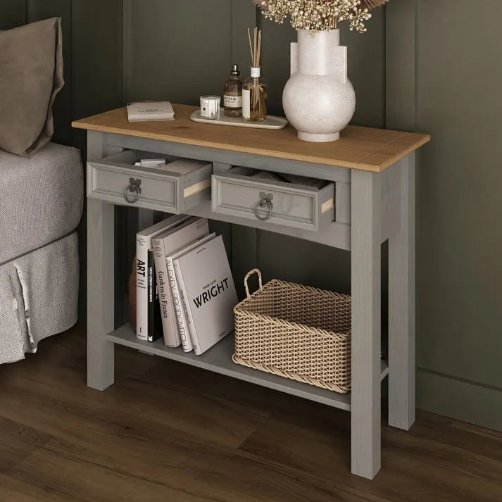 Rustic Solid Pine Wood Hall Console Table with Two Drawers