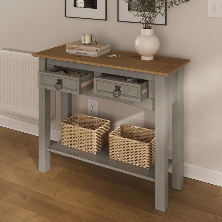 Rustic Solid Pine Wood Hall Console Table with Two Drawers