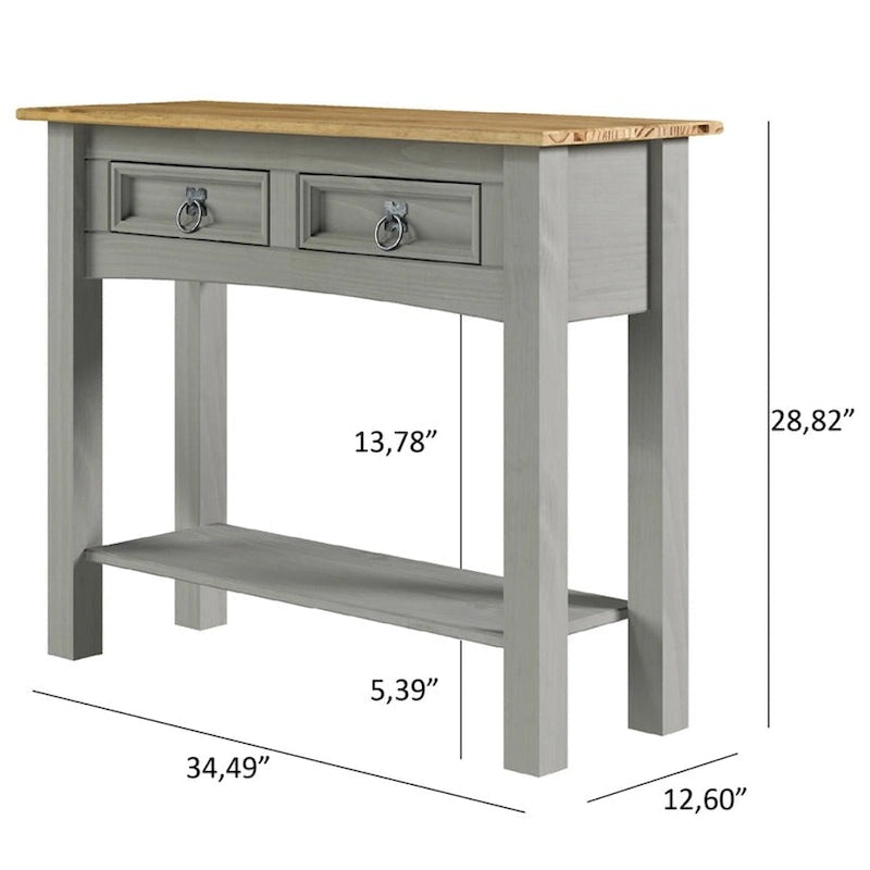 Rustic Solid Pine Wood Hall Console Table with Two Drawers