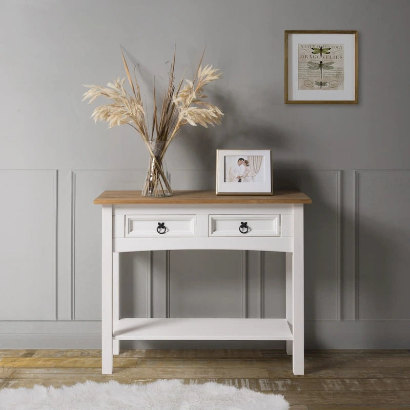 Rustic Solid Pine Wood Hall Console Table with Two Drawers