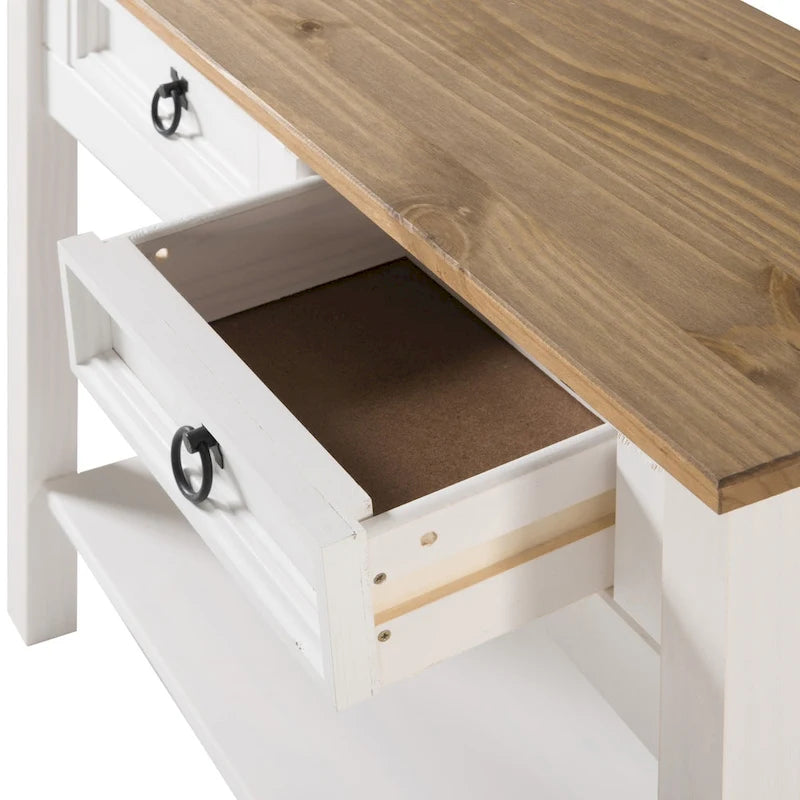 Rustic Solid Pine Wood Hall Console Table with Two Drawers