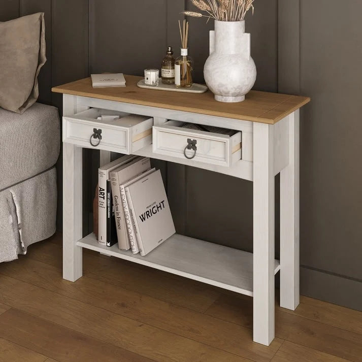 Rustic Solid Pine Wood Hall Console Table with Two Drawers