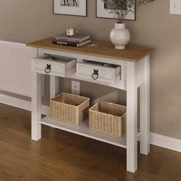 Rustic Solid Pine Wood Hall Console Table with Two Drawers