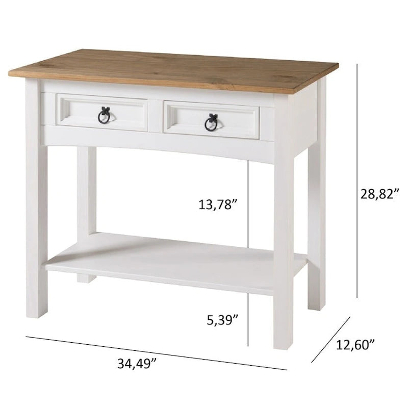 Rustic Solid Pine Wood Hall Console Table with Two Drawers