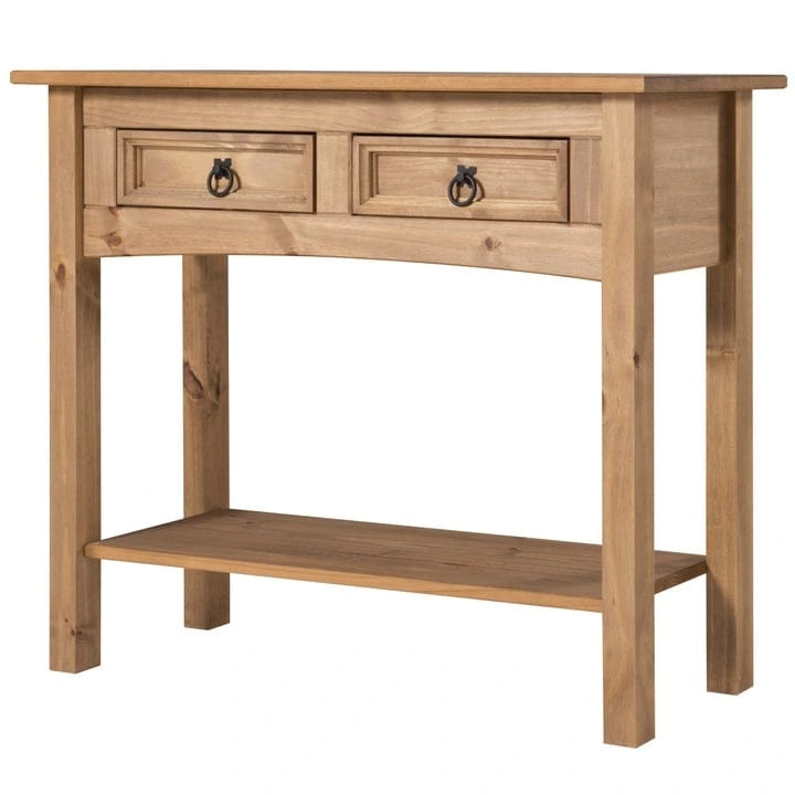 Rustic Solid Pine Wood Hall Console Table with Two Drawers