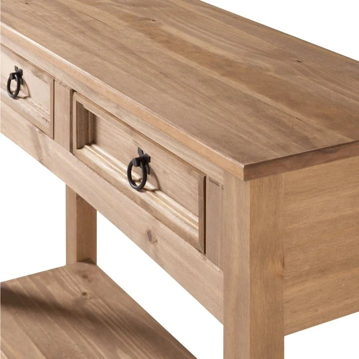 Rustic Solid Pine Wood Hall Console Table with Two Drawers
