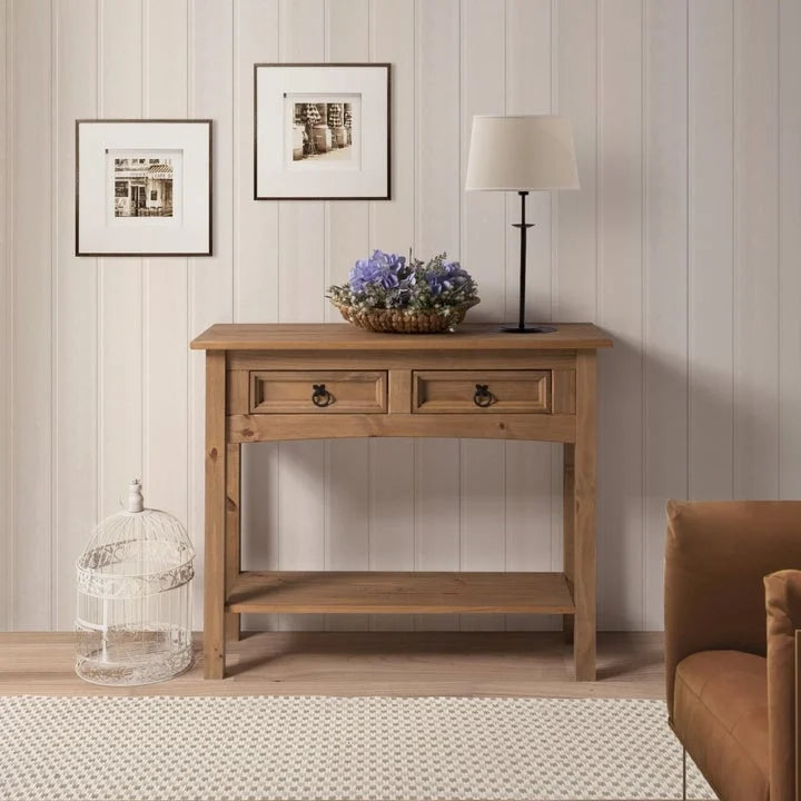 Rustic Solid Pine Wood Hall Console Table with Two Drawers