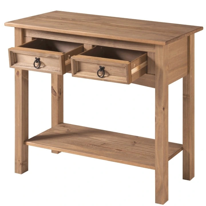 Rustic Solid Pine Wood Hall Console Table with Two Drawers