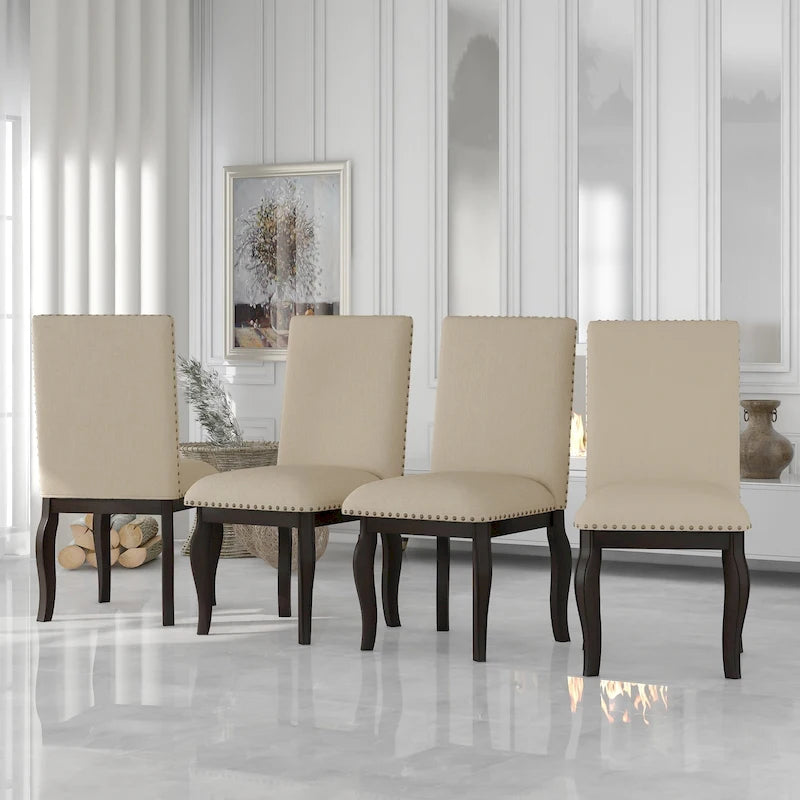 Set of 4 Upholstered Wooden Dining Chairs with Nailhead Trim