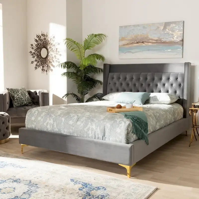 Contemporary Velvet Upholstered Tufted Glam Platform Bed