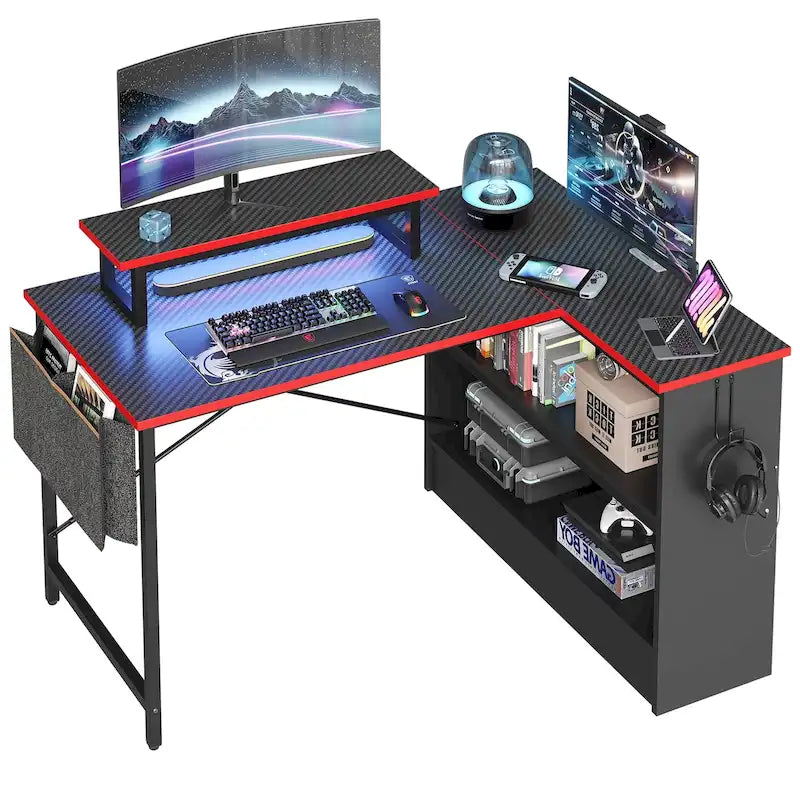 42-Inch Reversible L-Shaped Gaming Desk with LED Lights and Storage Shelves