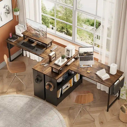 42-Inch Reversible L-Shaped Gaming Desk with LED Lights and Storage Shelves