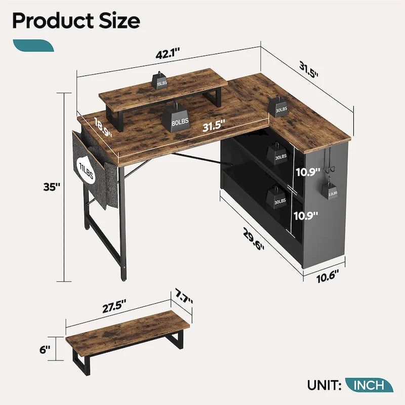 42-Inch Reversible L-Shaped Gaming Desk with LED Lights and Storage Shelves
