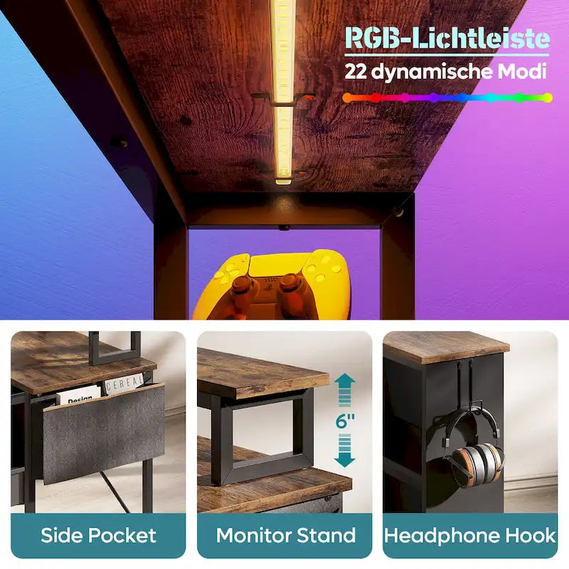 42-Inch Reversible L-Shaped Gaming Desk with LED Lights and Storage Shelves
