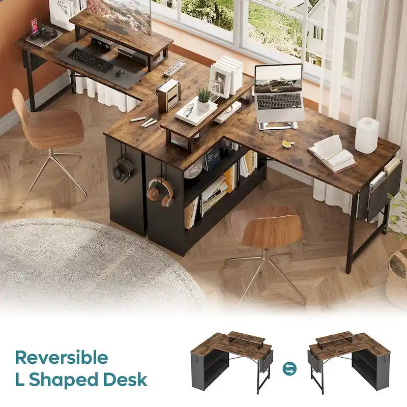 42-Inch Reversible L-Shaped Gaming Desk with LED Lights and Storage Shelves