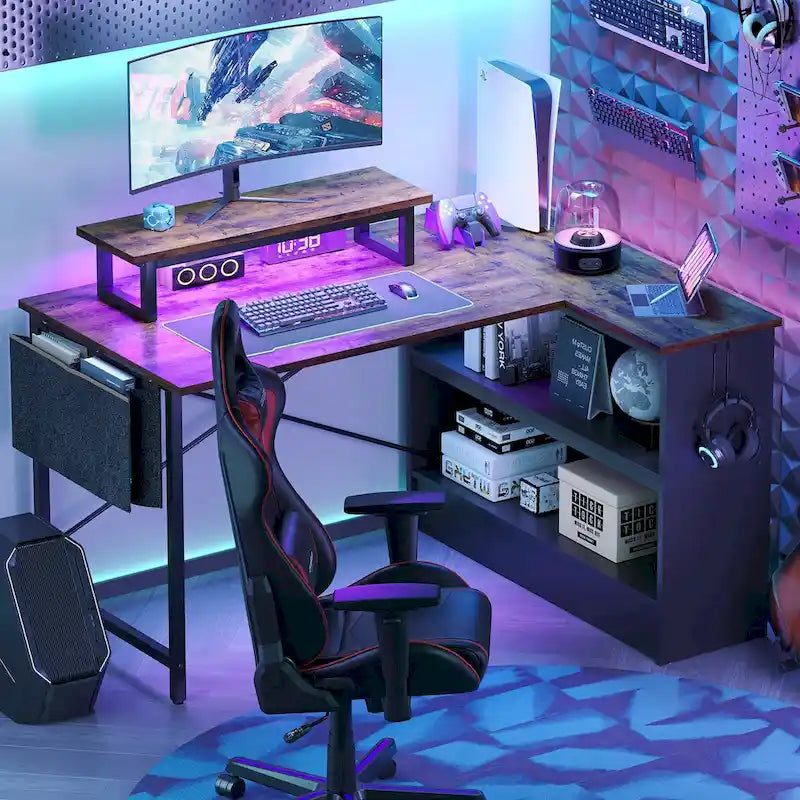 42-Inch Reversible L-Shaped Gaming Desk with LED Lights and Storage Shelves