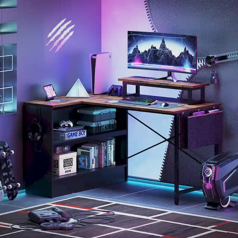 42-Inch Reversible L-Shaped Gaming Desk with LED Lights and Storage Shelves