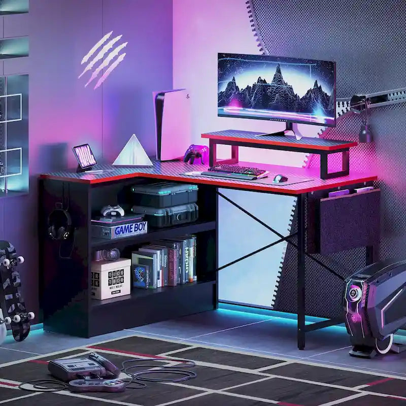 42-Inch Reversible L-Shaped Gaming Desk with LED Lights and Storage Shelves