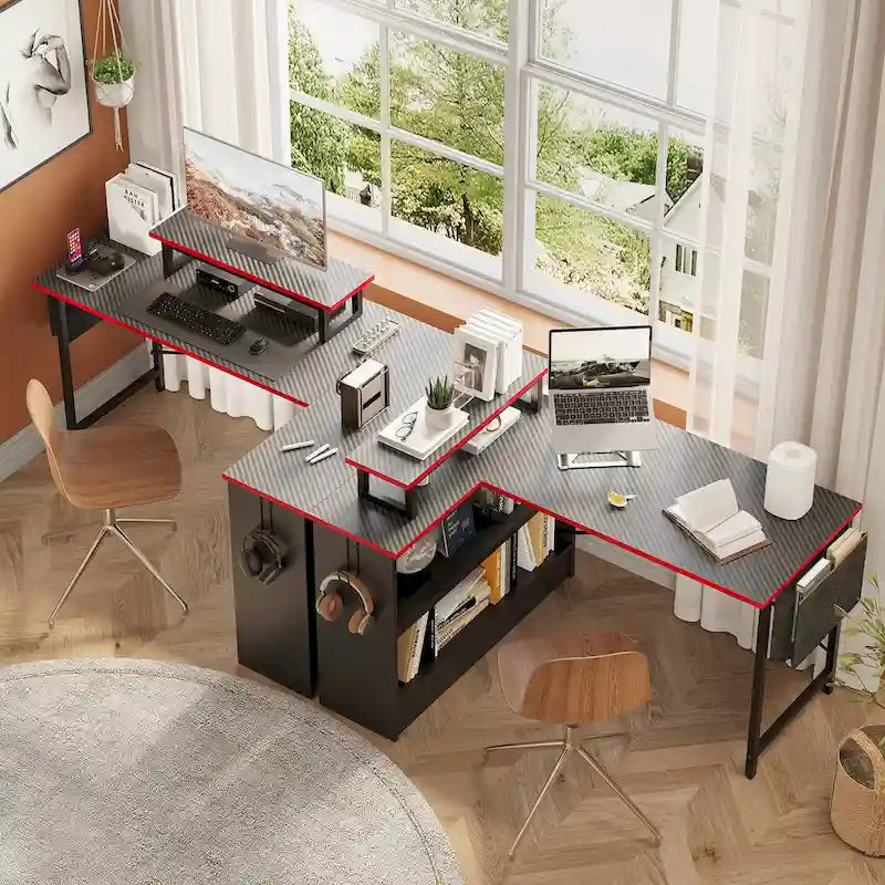 42-Inch Reversible L-Shaped Gaming Desk with LED Lights and Storage Shelves