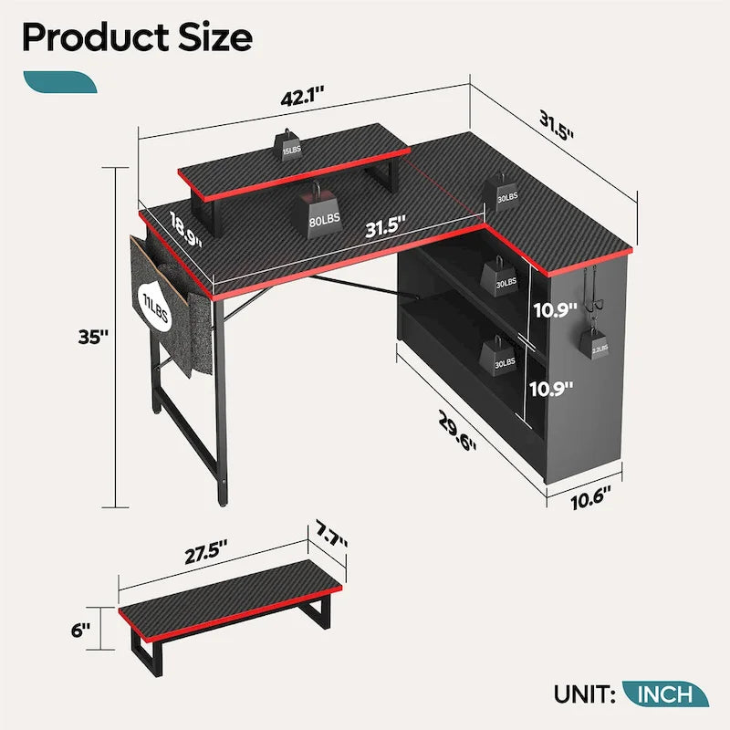 42-Inch Reversible L-Shaped Gaming Desk with LED Lights and Storage Shelves
