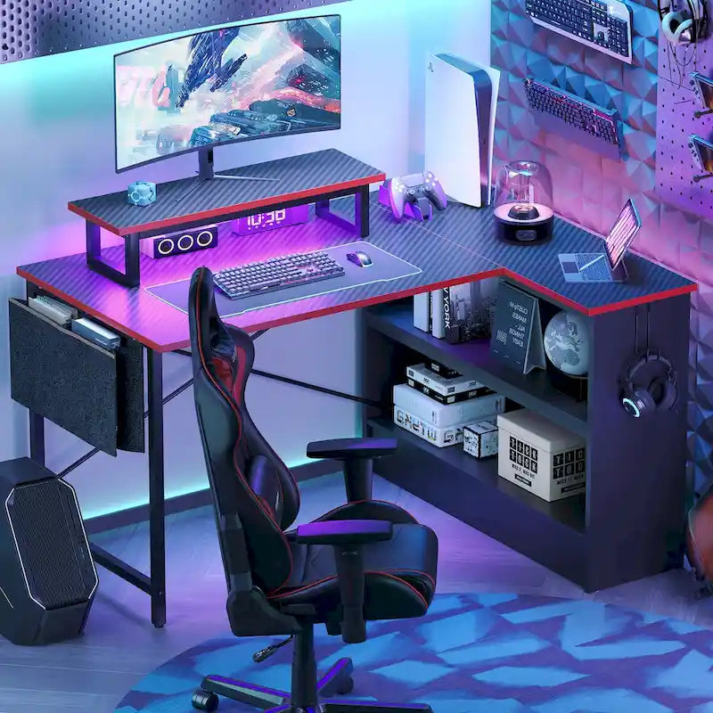 42-Inch Reversible L-Shaped Gaming Desk with LED Lights and Storage Shelves
