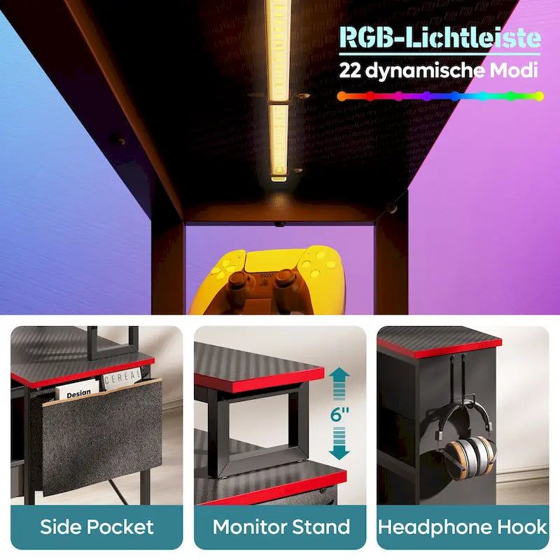 42-Inch Reversible L-Shaped Gaming Desk with LED Lights and Storage Shelves