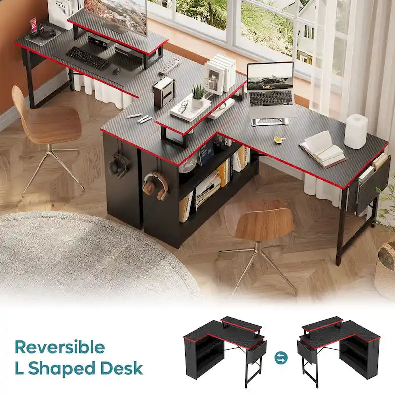 42-Inch Reversible L-Shaped Gaming Desk with LED Lights and Storage Shelves
